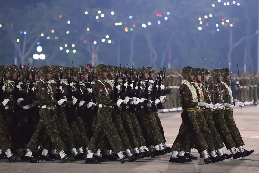Military officers march during a parade to commemorate Myanmar's 80th Armed Forces Day in Naypyidaw, Myanmar, on March 27, 2025. Aung Shine Oo/AP