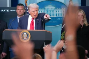 President Donald Trump answers questions during a press conference in the James S. Brady Press Briefing Room of the White House on August 11, 2025. Andrew Harnik/Getty Images