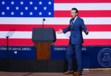 Defense Secretary Pete Hegseth speaks to senior military leaders at Marine Corps Base Quantico on Tuesday in Quantico, Va. In an unprecedented gathering, almost 800 generals, admirals and their senior enlisted leaders were ordered into one location from around the world on short notice.