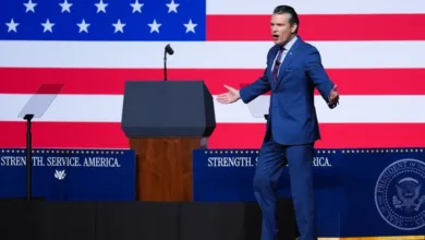 Defense Secretary Pete Hegseth speaks to senior military leaders at Marine Corps Base Quantico on Tuesday in Quantico, Va. In an unprecedented gathering, almost 800 generals, admirals and their senior enlisted leaders were ordered into one location from around the world on short notice.