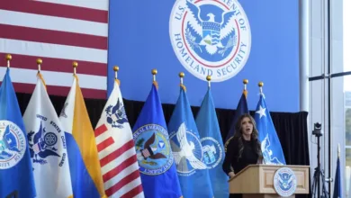 Homeland Security Secretary Kristi Noem speaking at the Department of Homeland Security headquarters in January 2025.